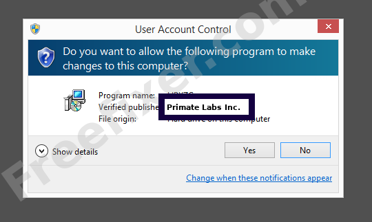 Screenshot where Primate Labs Inc. appears as the verified publisher in the UAC dialog